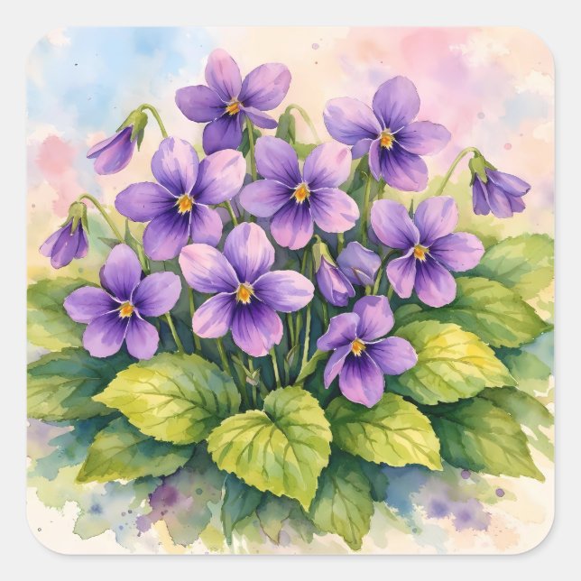 Aquarell blühende violette Veilchen  Quadratischer Aufkleber (Vorderseite)