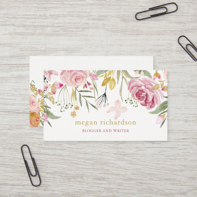 Aquarell blüht, die | Rosa und Gold mit Blumen Visitenkarte (Vorderseite/Rückseite Beispiel)