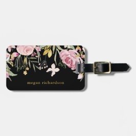 Aquarell blüht | Rosa und Gold, die auf Schwarzem Gepäckanhänger