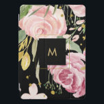Aquarell blüht | Rosa und Gold, die auf Schwarzem iPad Pro Cover<br><div class="desc">Diese schöne,  drastische Abdeckung kennzeichnet ein errötenrosa und einen Imitatgoldblickblumenentwurf mit viel des trendy,  grünen botanischen Blätter auf einem schwarzen Hintergrund. Wir haben Kunst von LABFcreations verwendet.</div>