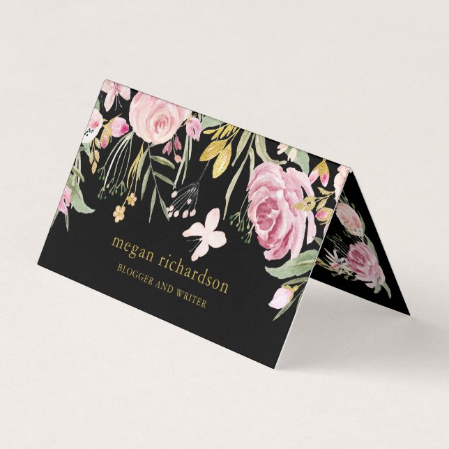 Aquarell blüht | Rosa und Gold, die auf Schwarzem Visitenkarten (Vorderseite)