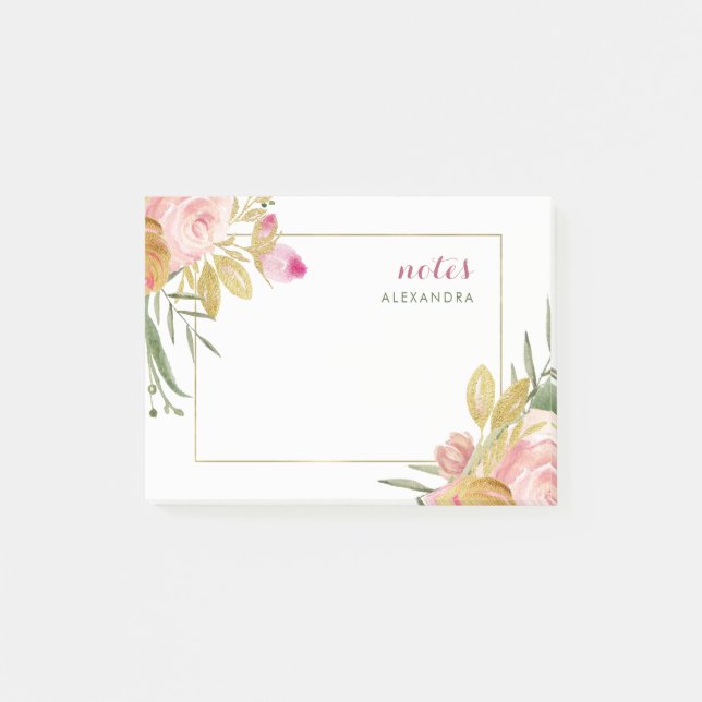Aquarell blüht | Rosa und Gold, die auf Weiß mit Post-it Klebezettel (Vorderseite)