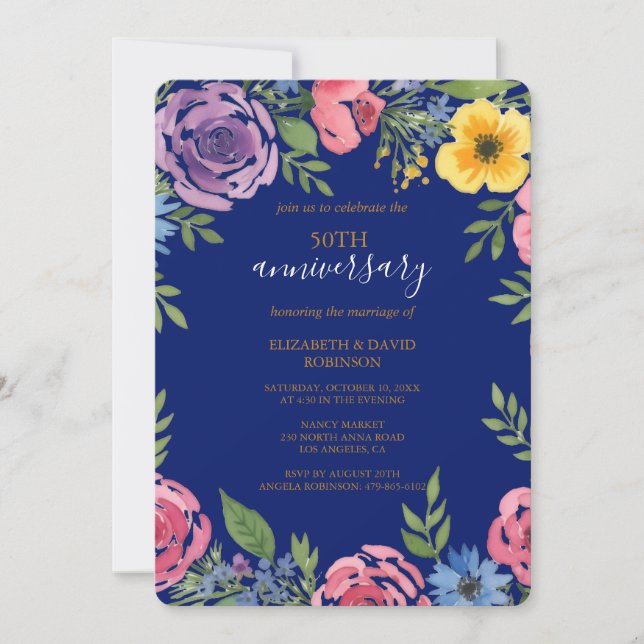 Aquarell Blume 50 Jahre Hochzeit Einladung (Vorderseite)