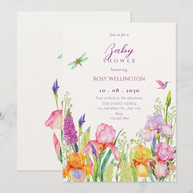 Aquarell Blume Babydusche Einladung (Vorne/Hinten)