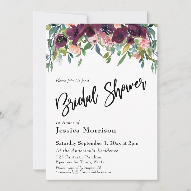 Aquarell-Blume Brautparty Typografie Einladung (Vorderseite)
