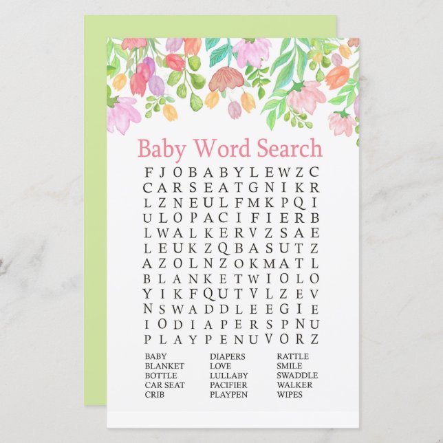 Aquarell Blume Kinderdusche Word Search Game (Vorne/Hinten)