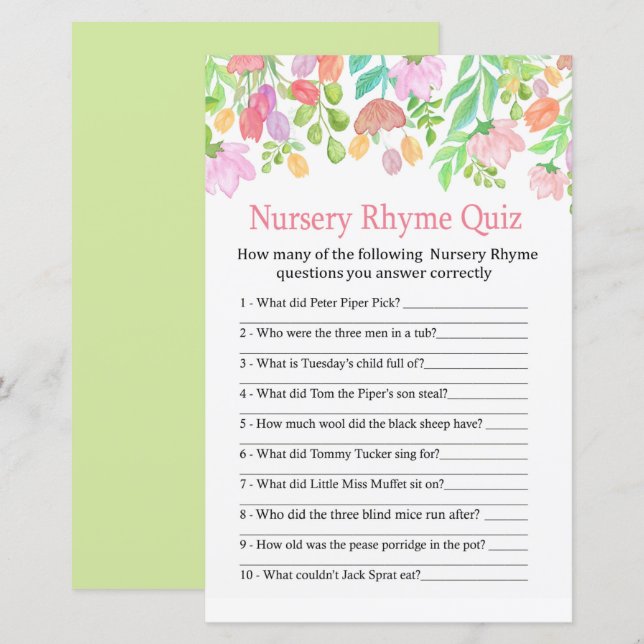 Aquarell Blume Kinderzimmer Rhyme Quiz Babydusche (Vorne/Hinten)