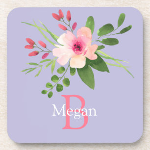 Aquarell-Blume, Name & Monogramm auf Lavendel Getränkeuntersetzer