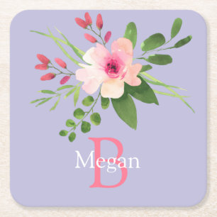 Aquarell-Blume, Name & Monogramm auf Lavendel Rechteckiger Pappuntersetzer