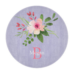 Aquarell-Blume, Name & Monogramm auf Lavendel Schneidebrett
