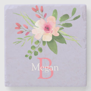 Aquarell-Blume, Name & Monogramm auf Lavendel Steinuntersetzer