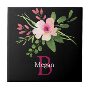 Aquarell-Blume, Name & Monogramm auf Schwarz Fliese