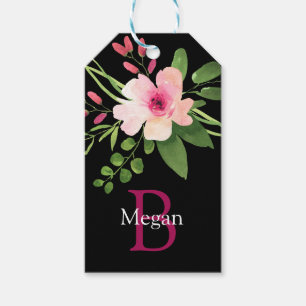 Aquarell-Blume, Name & Monogramm auf Schwarz Geschenkanhänger