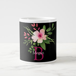 Aquarell-Blume, Name & Monogramm auf Schwarz Jumbo-Tasse