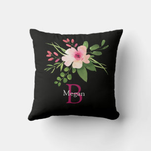 Aquarell-Blume, Name & Monogramm auf Schwarz Kissen