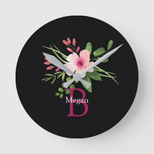 Aquarell-Blume, Name & Monogramm auf Schwarz Runde Wanduhr