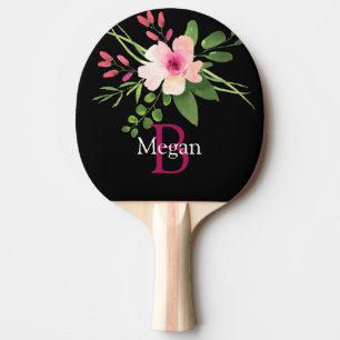 Aquarell-Blume, Name & Monogramm auf Schwarz Tischtennis Schläger