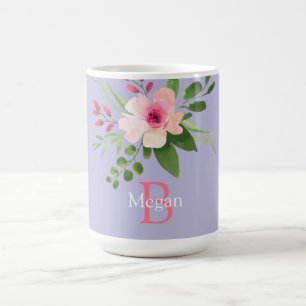 Aquarell-Blume, Name und Monogramm auf Lavendel Kaffeetasse