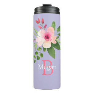 Aquarell-Blume, Name und Monogramm auf Lavendel Thermosbecher