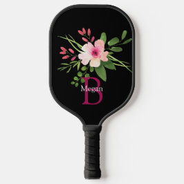 Aquarell-Blume, Name und Monogramm auf Schwarz Pickleball Schläger