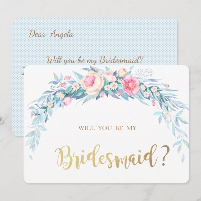 Aquarell Blume Polka Dots Bridesmaid Card Einladung (Vorne/Hinten)