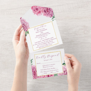 Aquarell-Blume Rosa Chrysantheme mit Gold All In One Einladung