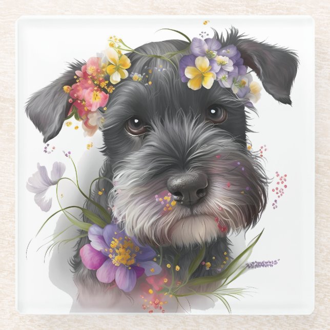 Aquarell-Blume und Schnauzer-Welpe Glasuntersetzer (Vorderseite)