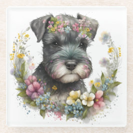 Aquarell-Blume und Schnauzer-Welpe Glasuntersetzer