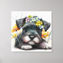 Aquarell-Blume und Schnauzer-Welpe