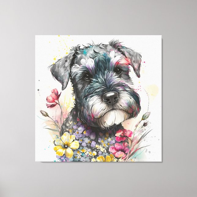 Aquarell-Blume und Schnauzer-Welpe Leinwanddruck (Vorderseite)