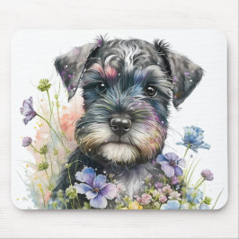 Aquarell-Blume und Schnauzer-Welpe Mousepad