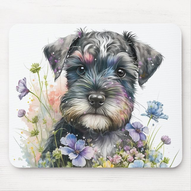 Aquarell-Blume und Schnauzer-Welpe Mousepad (Vorne)