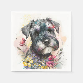 Aquarell-Blume und Schnauzer-Welpe Serviette