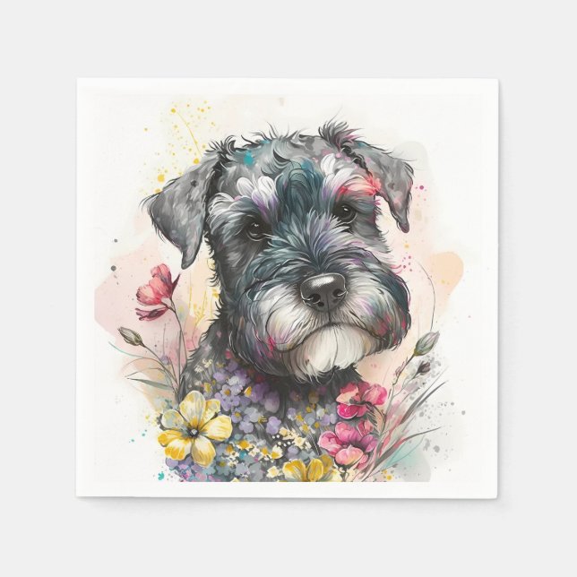 Aquarell-Blume und Schnauzer-Welpe Serviette (Vorderseite)