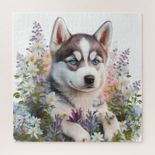 Aquarell-Blume und sibirische Husky-Welpe