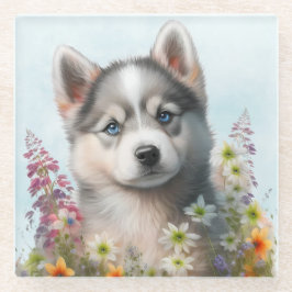 Aquarell-Blume und sibirische Husky-Welpe Glasuntersetzer