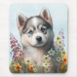 Aquarell-Blume und sibirische Husky-Welpe Mousepad
