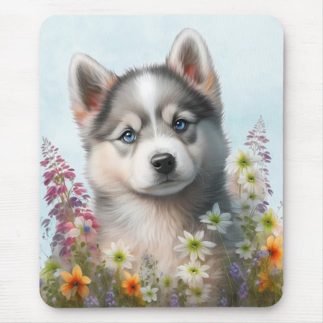 Aquarell-Blume und sibirische Husky-Welpe Mousepad (Vorne)