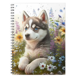 Aquarell-Blume und sibirische Husky-Welpe Notizblock