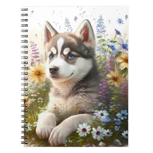 Aquarell-Blume und sibirische Husky-Welpe Notizblock (Vorderseite)