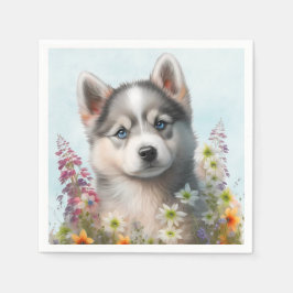Aquarell-Blume und sibirische Husky-Welpe Serviette