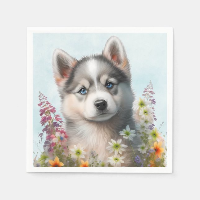 Aquarell-Blume und sibirische Husky-Welpe Serviette (Vorderseite)