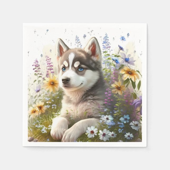 Aquarell-Blume und sibirische Husky-Welpe Serviette (Vorderseite)