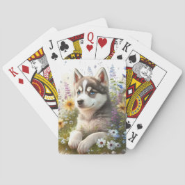 Aquarell-Blume und sibirische Husky-Welpe Spielkarten
