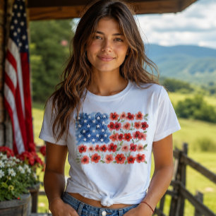 Aquarell-Blumen-Amerikanische Flagge Patriotische T-Shirt