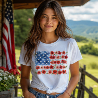 Aquarell-Blumen-Amerikanische Flagge Patriotische T-Shirt