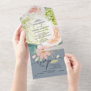 Aquarell-Blumen auf staubblauer Hochzeit All In One Einladung