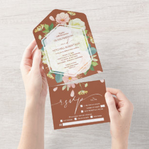 Aquarell-Blumen auf Terrakotta-Hochzeit All In One Einladung