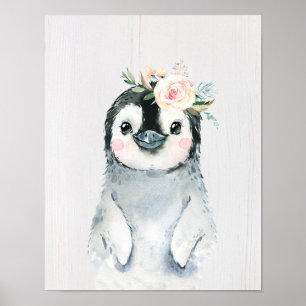 Aquarell-Blumen-Baby-Pinguin, Schneeige Tiere Poster