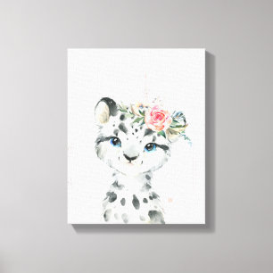 Aquarell-Blumen-Baby-Schneeleopard Leinwanddruck
